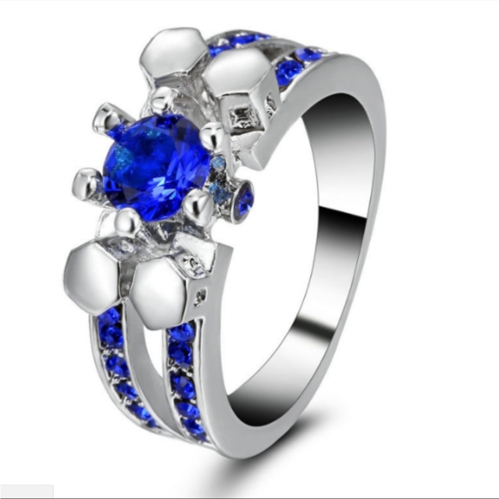 ✨18K Blue Sapphire Whited Gold Filled Ring